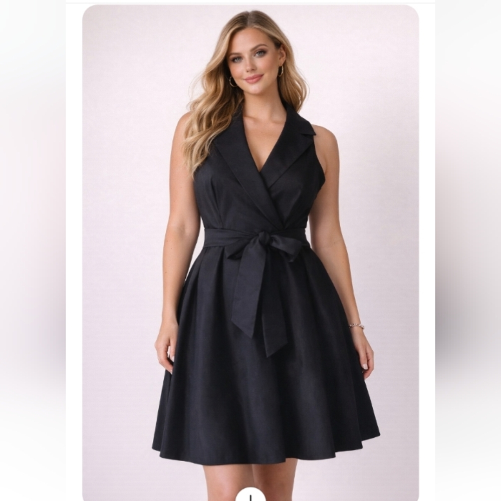 Maggy Boutique Black Fit & Flare Dress 8P Petite Crisscross Front Lapel Collar